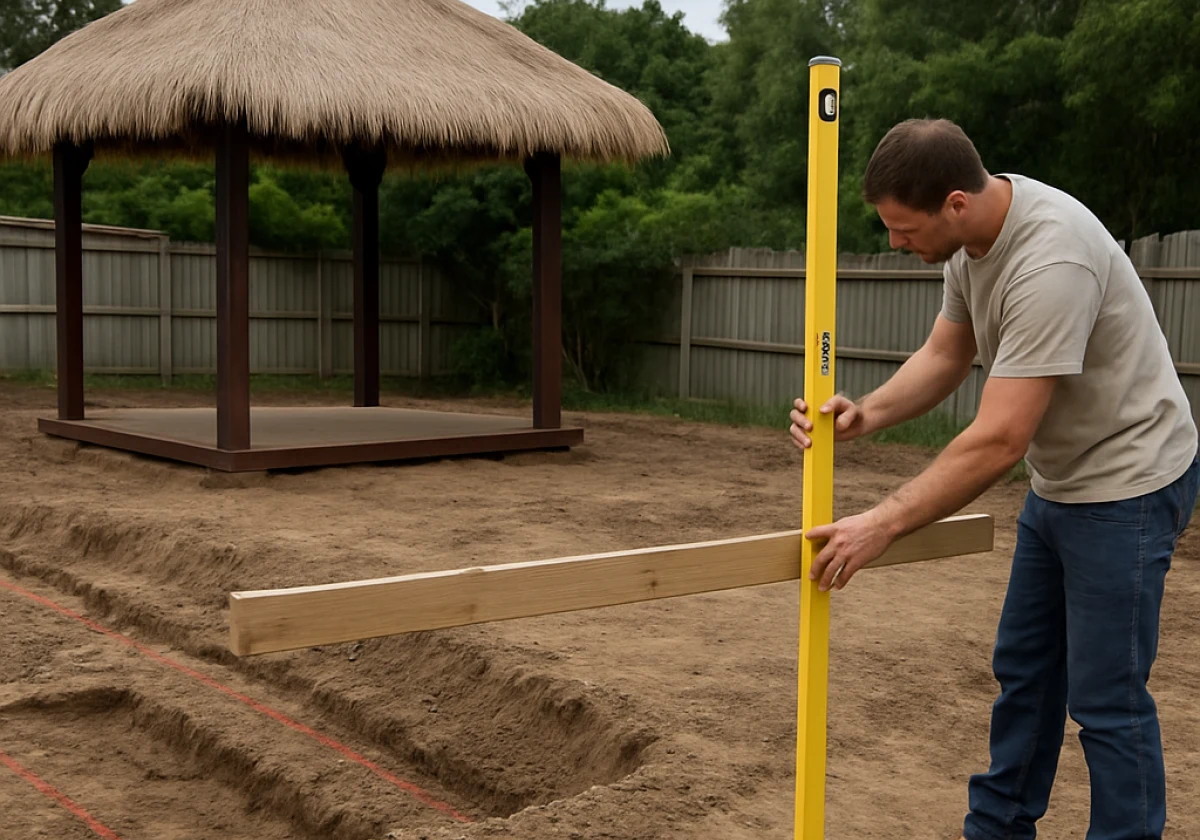 Bali hut installation site with exposed earth and graded slope