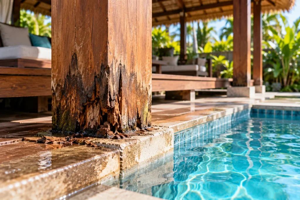 Water Damage and Timber Decay Near the Pool
