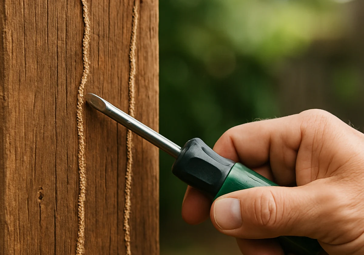 Homeowner's hand in the foreground tapping a wooden post