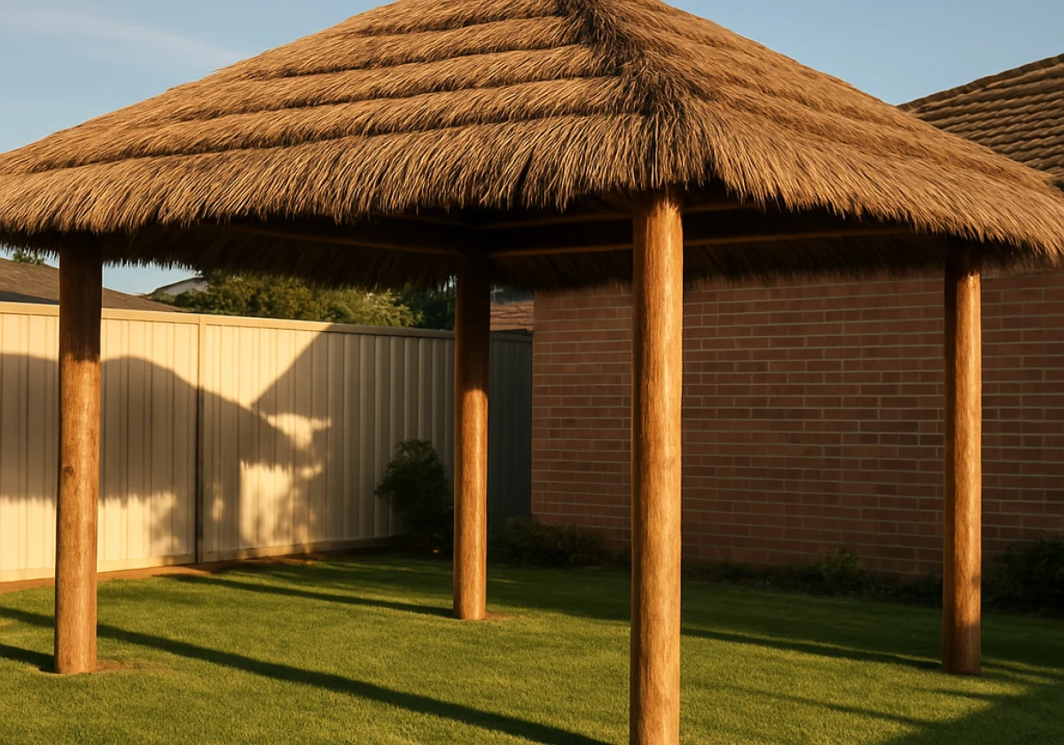 Wide-angle ground-level view of a 4x5 metre Bali hut